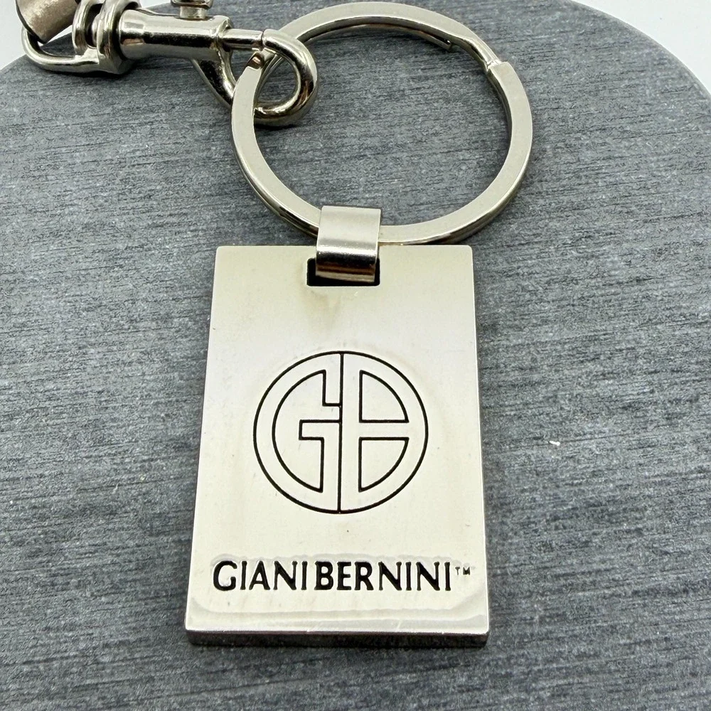 Giani Bernini Silver Tone Logo Keychain Taupe Wristlet Strap Purse Bag Charm
